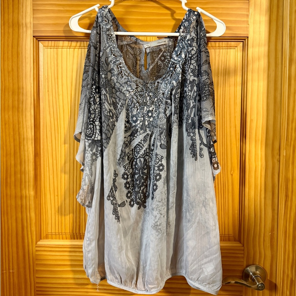 💝 Maurices Gray Cold Shoulder Overlay Blouse, Plus Size 1